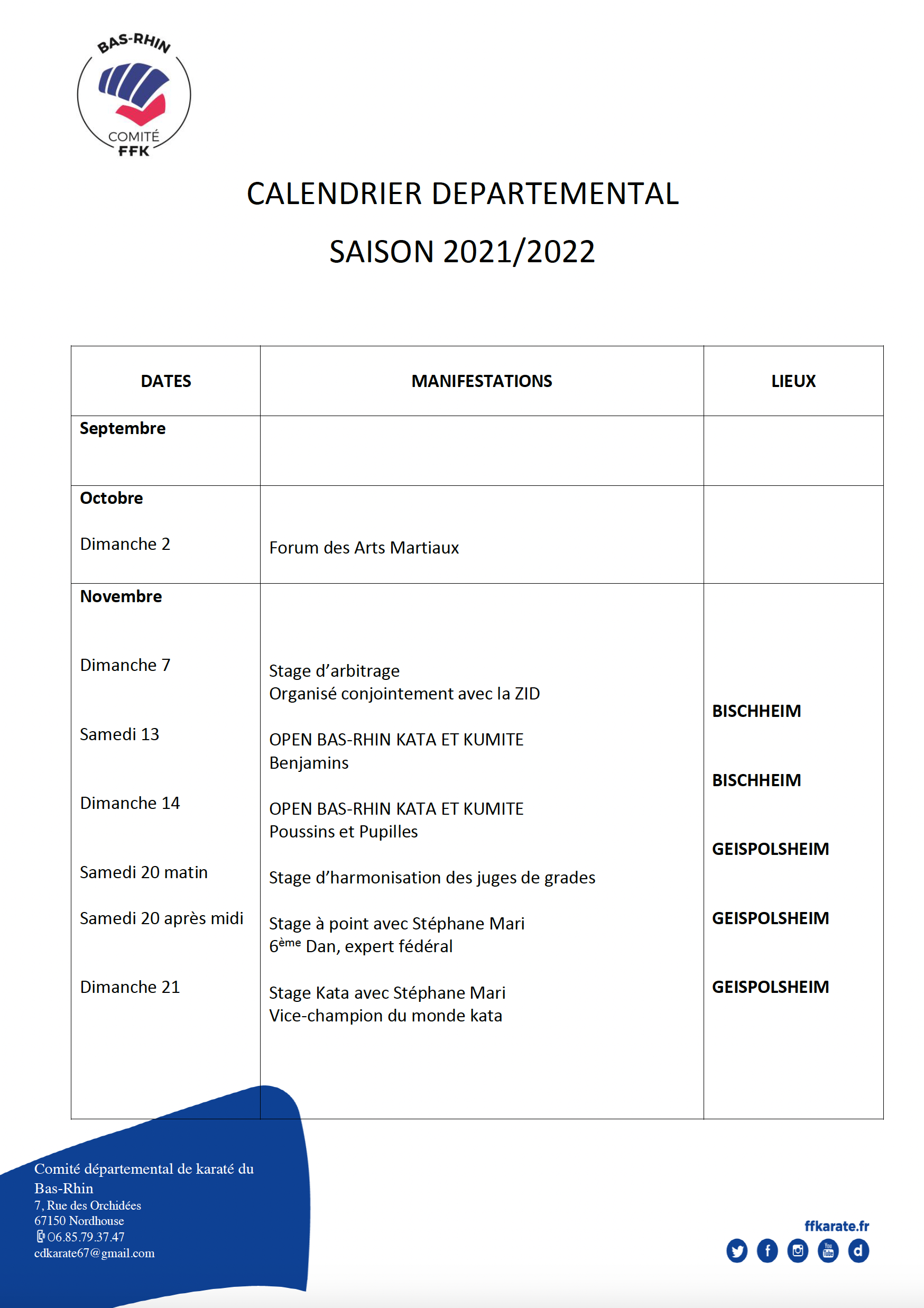 Calendrier départemental Saison 2021 / 22