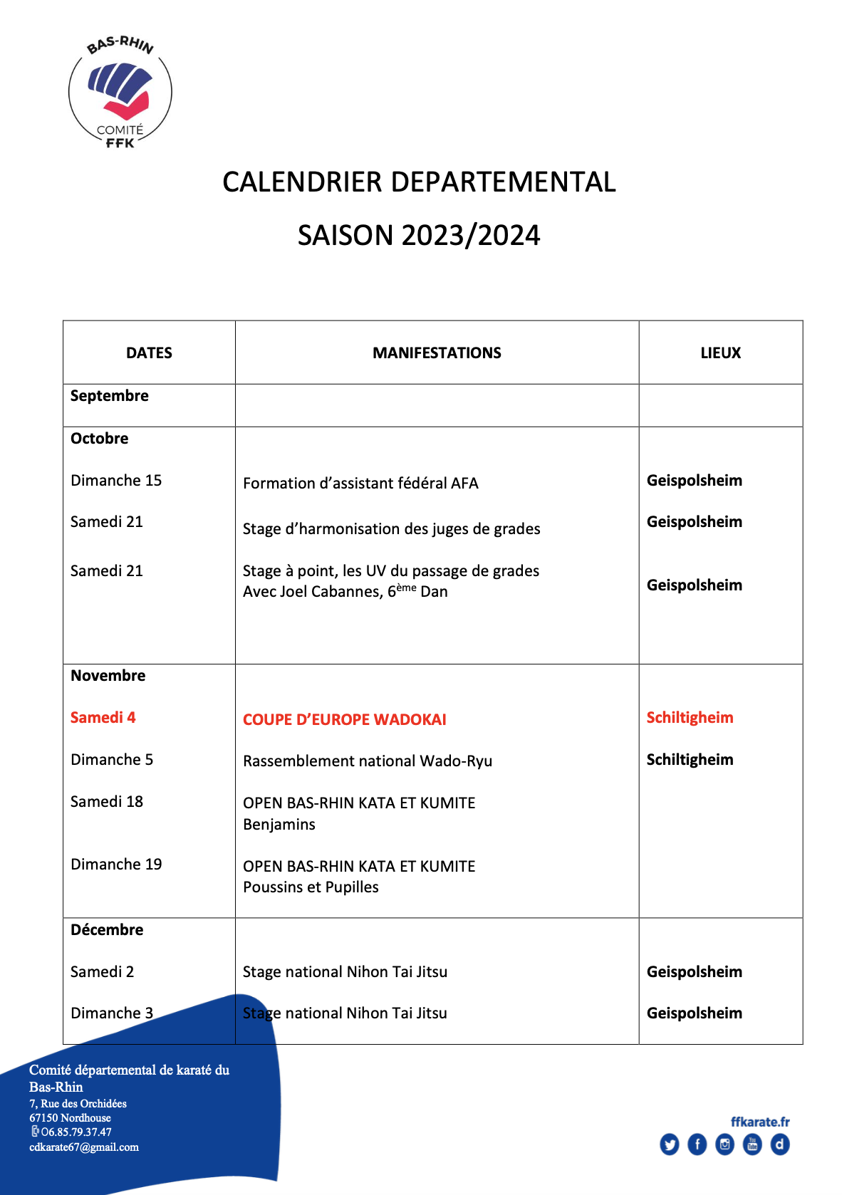 Calendrier départemental Saison 2023 / 24